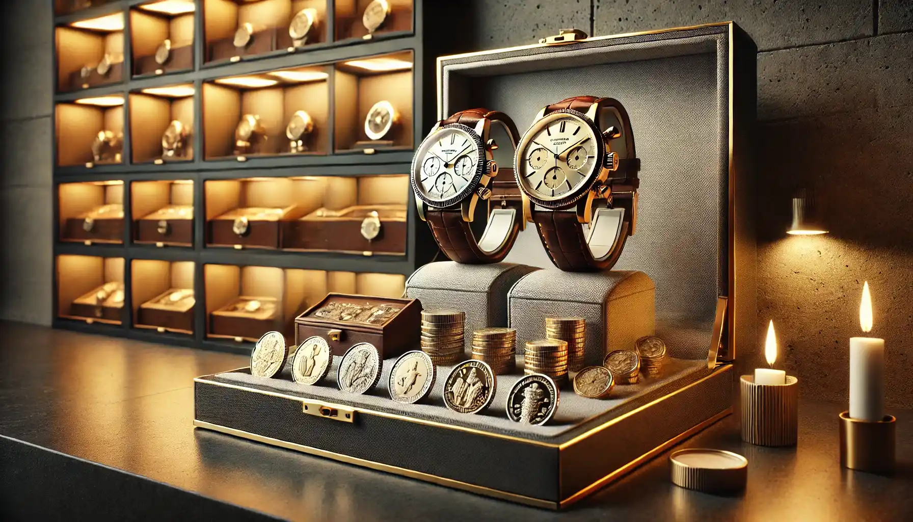 A pair of collectible watches and rare coins in an elegant display case, which are prepared to be a beautiful present for collectors. 