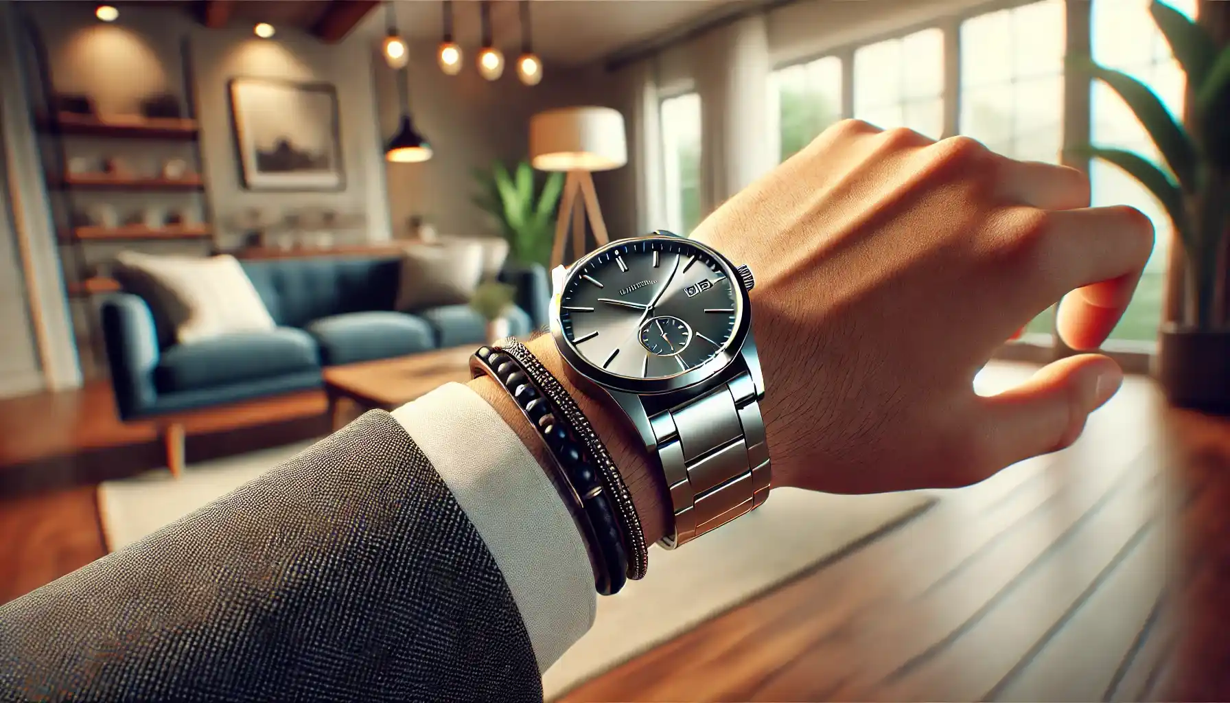 a stylish wrist with a high-quality replica luxury watch in a modern, well-lit room.