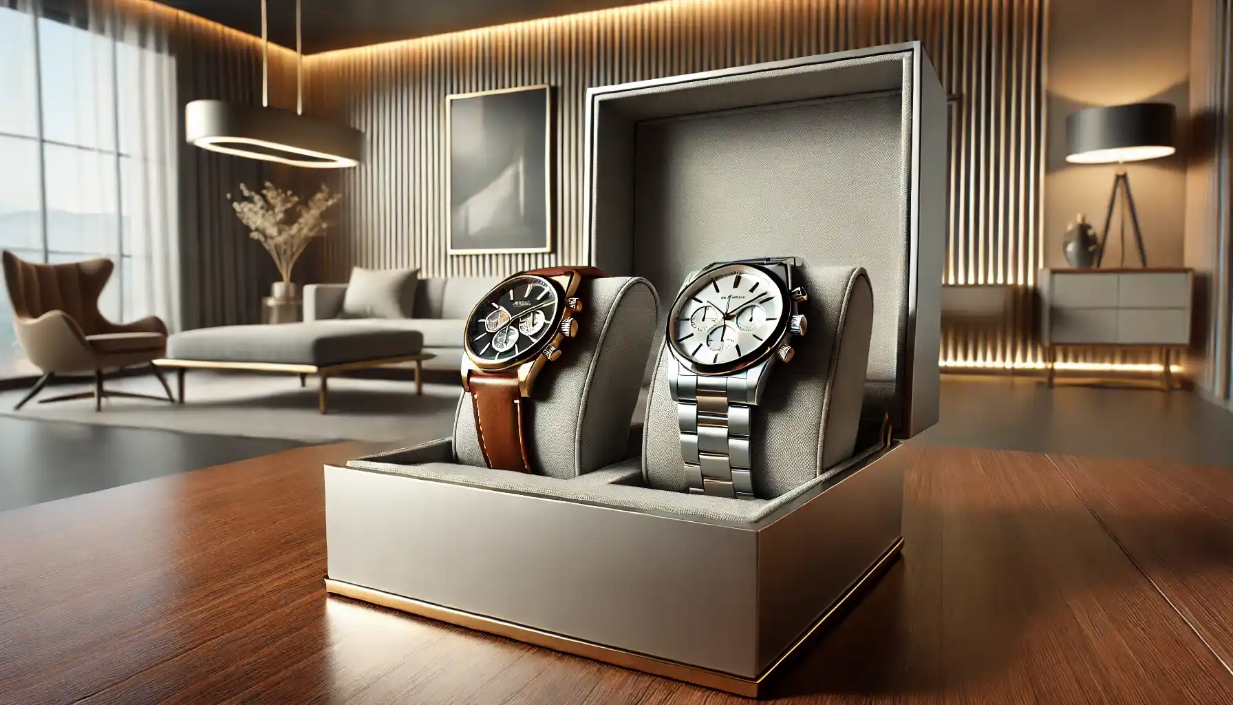a luxurious, minimalist jewelry box with two replica watches inside, one with a stainless steel band and another with a leather strap. 