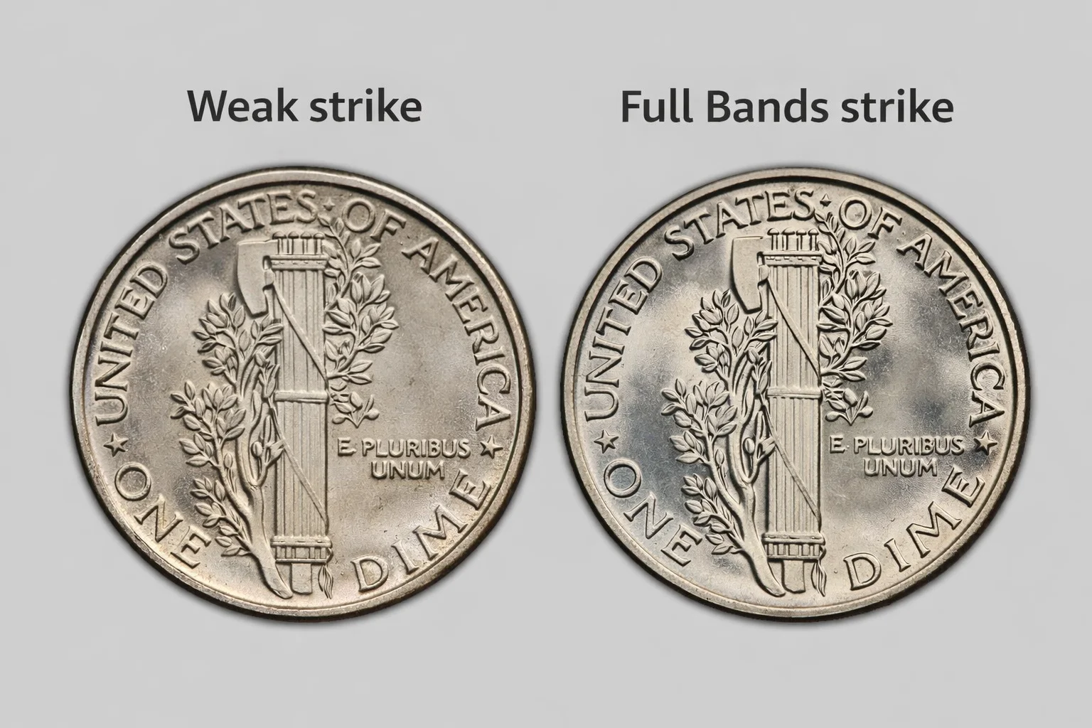 1944 Mercury dime reverse comparison showing weak strike vs Full Bands strike