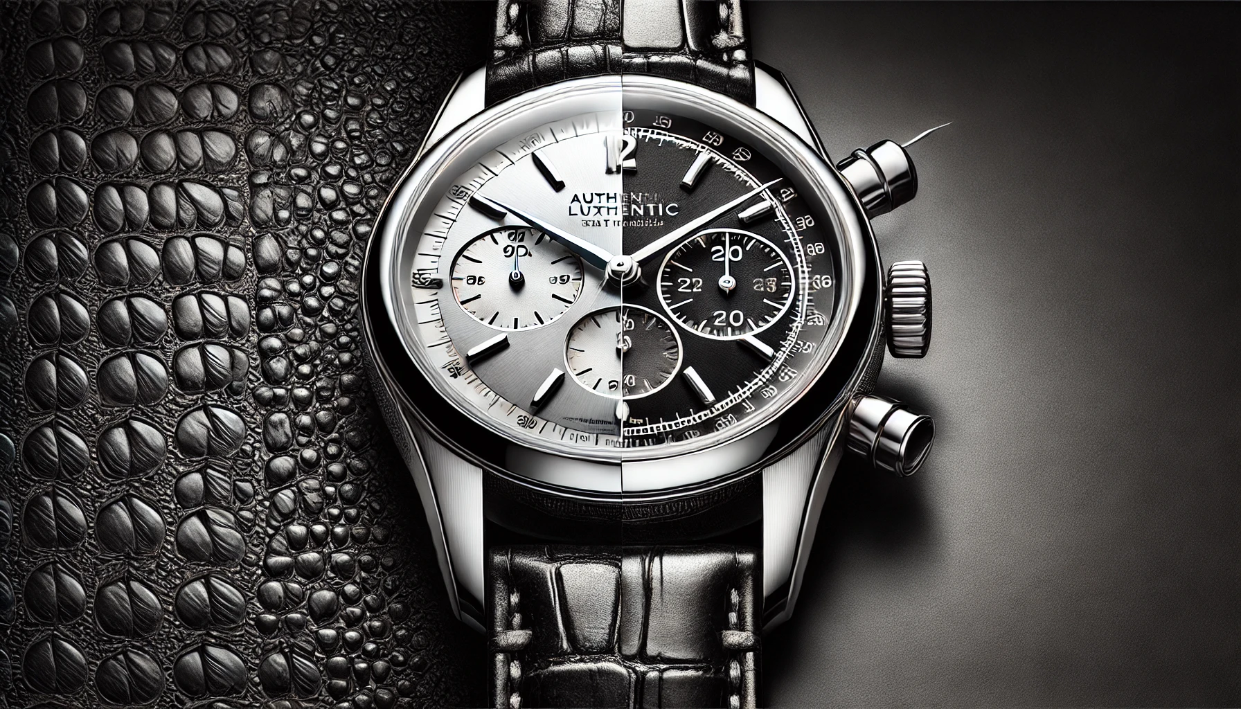 authentic luxury watch with a polished 904L stainless steel case, sapphire crystal face, and a strap made of genuine alligator skin