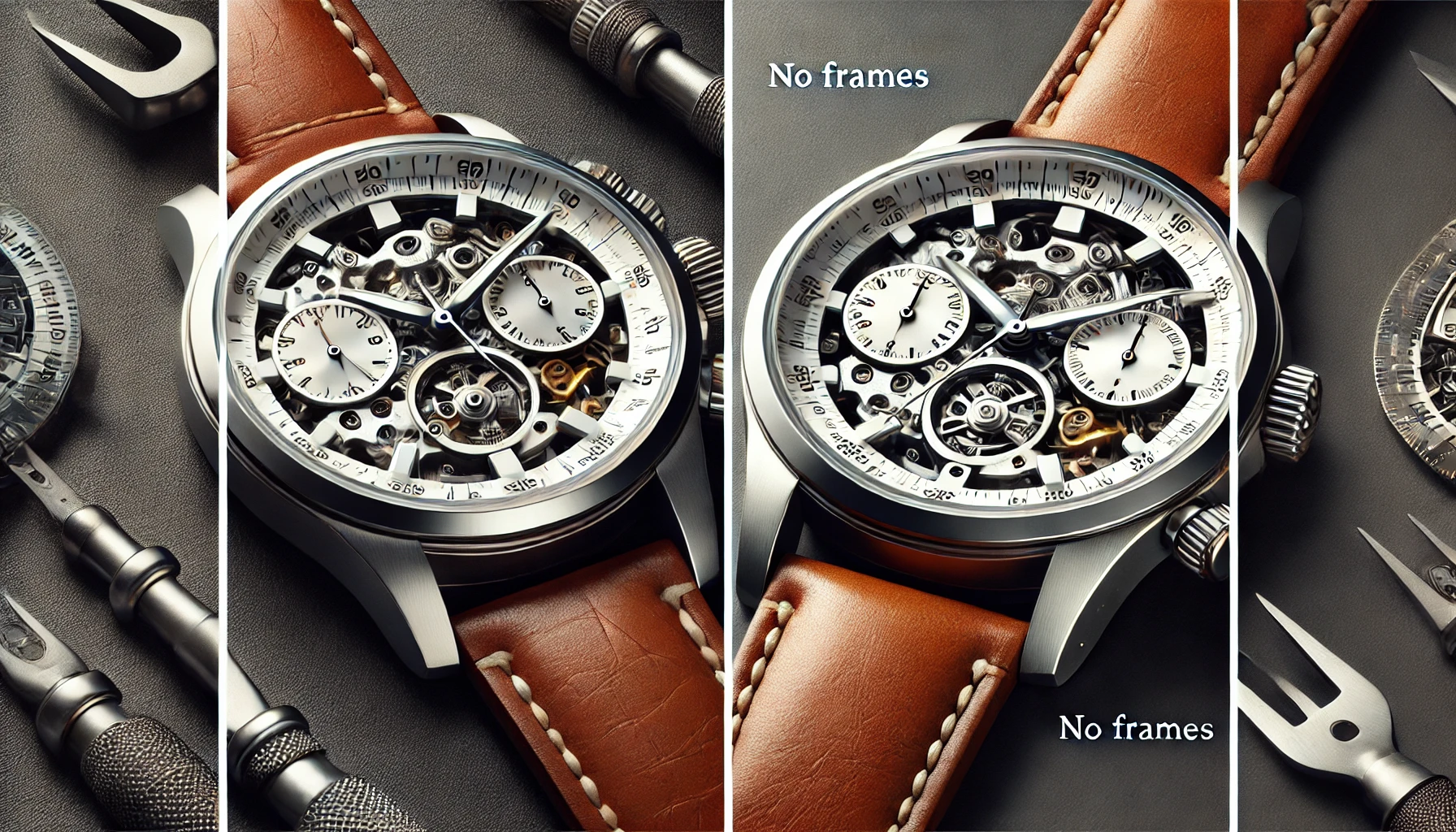 a close-up comparison of two watches, side by side. The authentic watch features high-quality materials such as 904L stainless steel, a clear sapphire crystal face, and a genuine leather strap with detailed stitching.