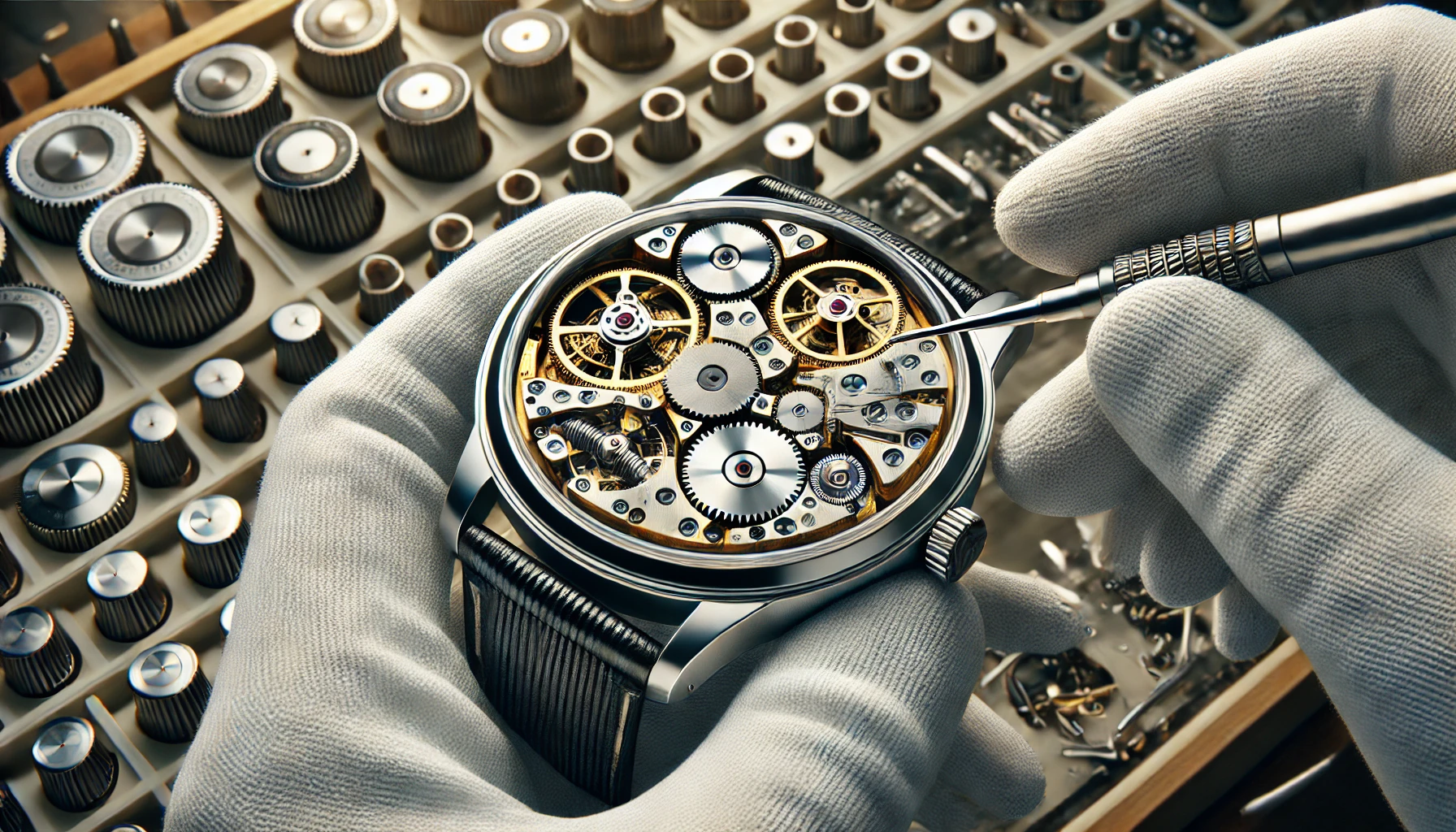 a detailed view of the watch's internal components such as gears, springs, and escapement, all being meticulously placed together