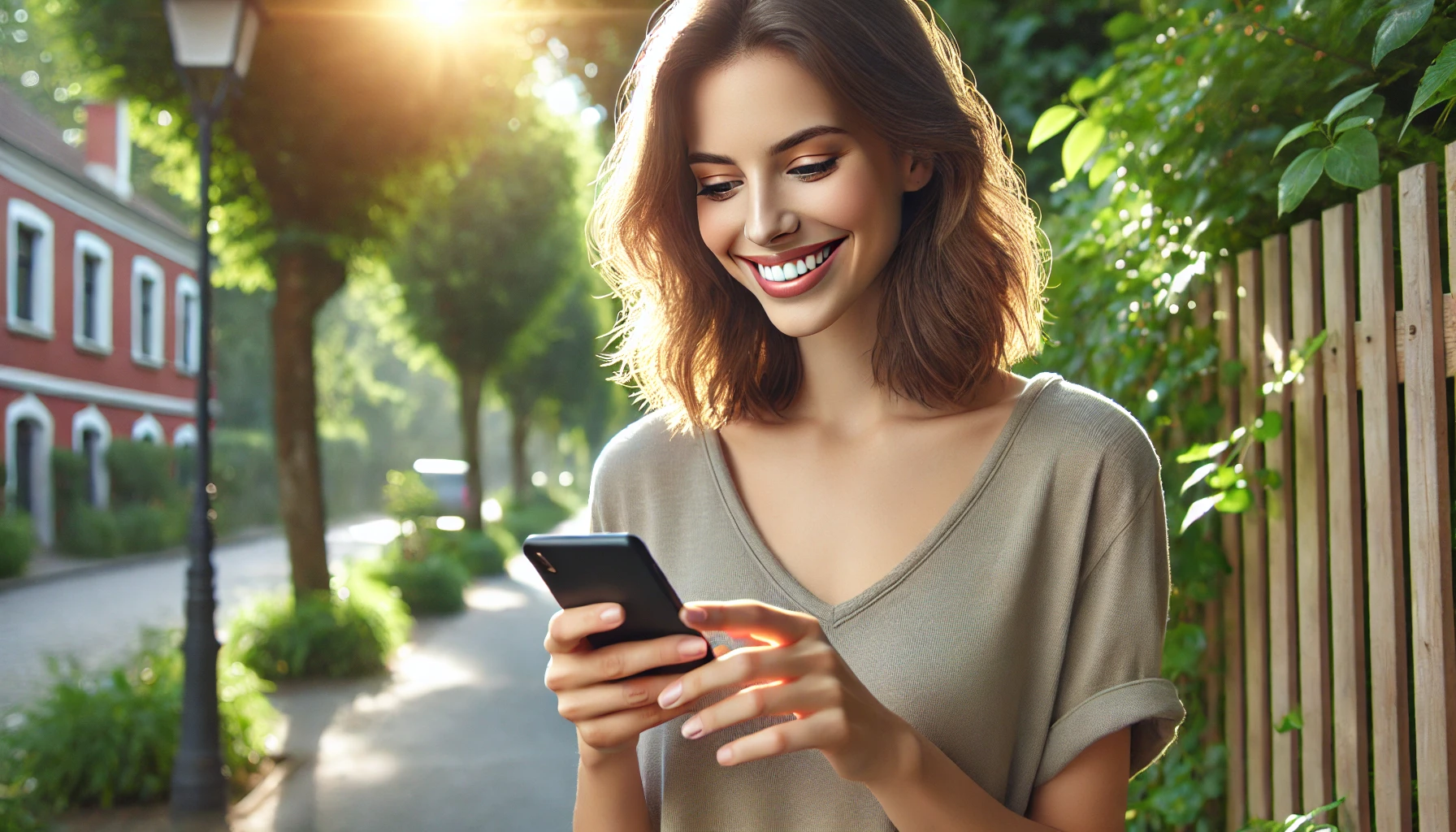 a smiling woman with short dark hair using her smartphone outside near the fence and trees.